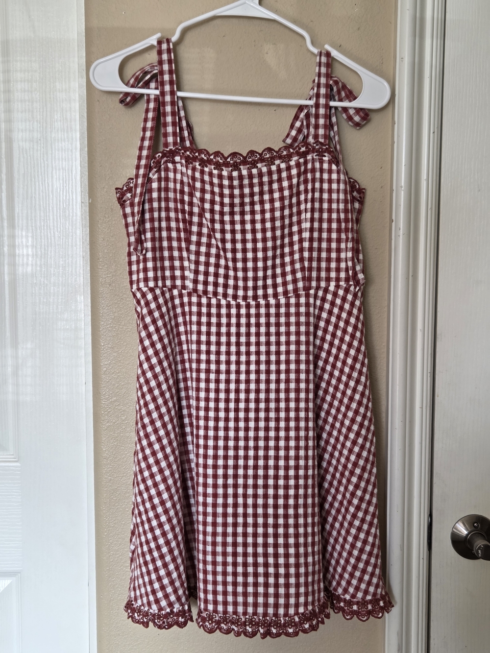 American Eagle Red/White Gingham Tie-Strap Mini Dress (with Eyelet Trim) - Picture 2 of 8